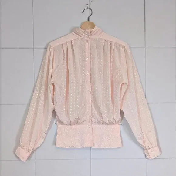 Vintage 80s pink high neck pleated satin romantic blouse - Picture 4 of 7